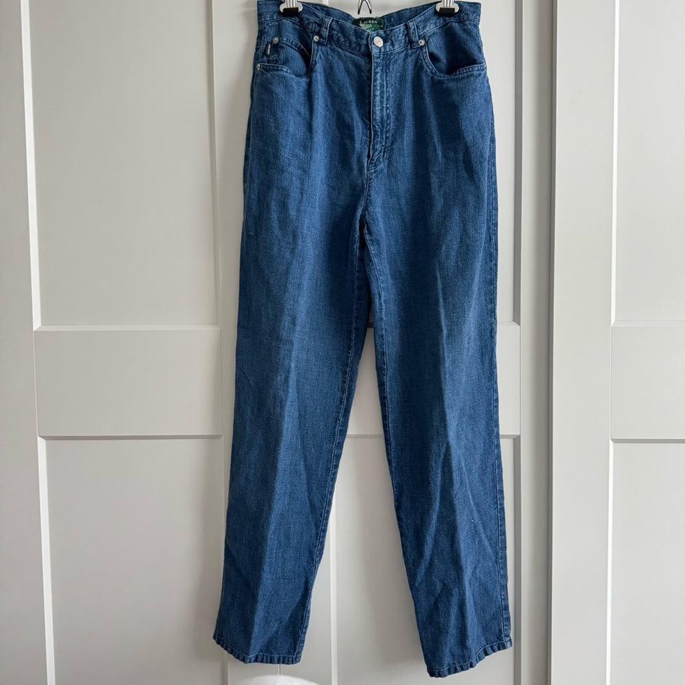 Lauren by Ralph Lauren 100% linen women’s  denim blue pants straight legs size 8